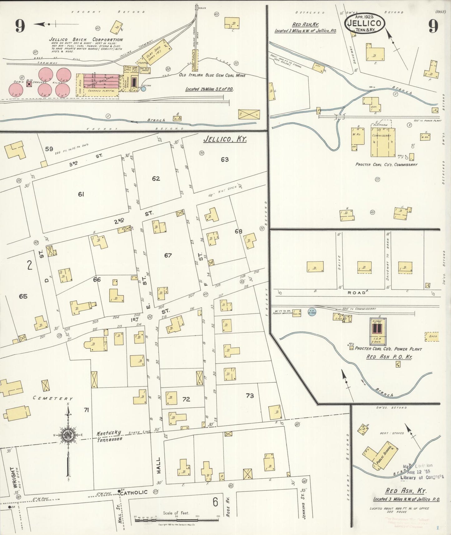 Sanborn Fire Insurance Map from Jellico, Whitley County, Ky., and Campbell County, Tenna, Kentucky (1923), Sheet #0009 - Historic Sanborn Fire Insurance Map Print, vintage old map wall art, antique decor, genealogy gift, Kentucky Kentucky map