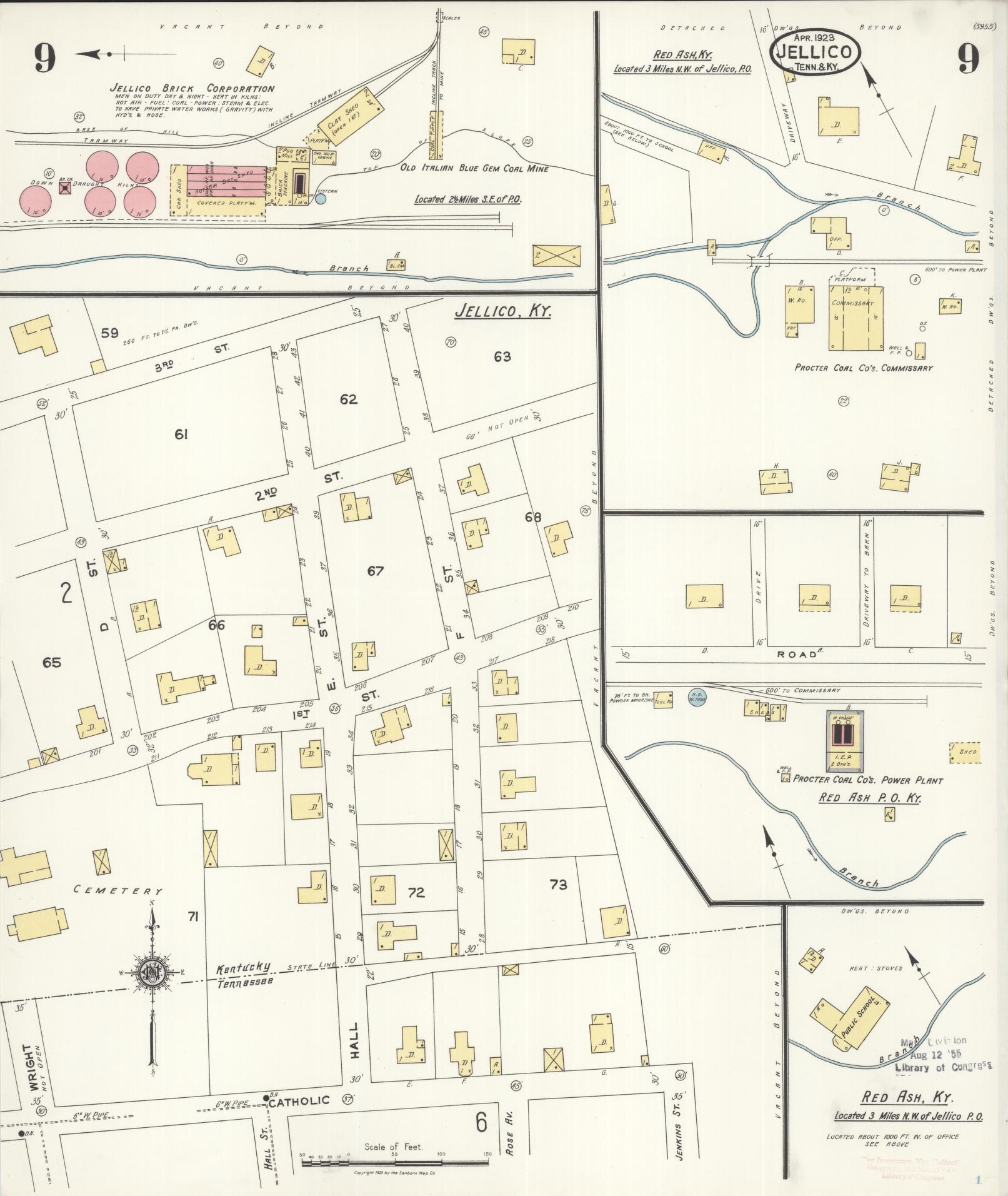 Sanborn Fire Insurance Map from Jellico, Whitley County, Ky., and Campbell County, Tenna, Kentucky (1923), Sheet #0009 - Historic Sanborn Fire Insurance Map Print, vintage old map wall art, antique decor, genealogy gift, Kentucky Kentucky map