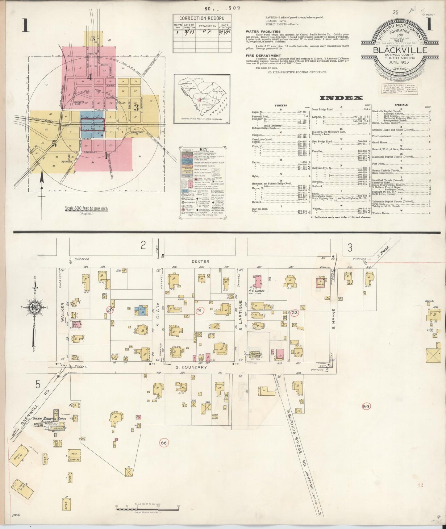 Sanborn Fire Insurance Map from Blackville, Barnwell County, South Carolina (1943), Sheet #0001 - Complete Map Set gallery image, historic Sanborn map, vintage wall art, South Carolina South Carolina
