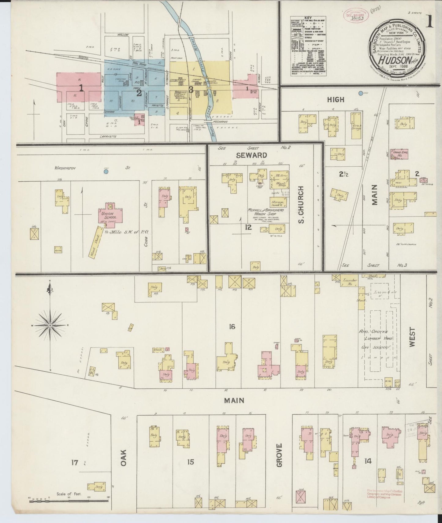 Sanborn Fire Insurance Map from Hudson, Lenawee County, Michigan (1888), Sheet #0001 - Complete Map Set gallery image, historic Sanborn map, vintage wall art, Michigan Michigan