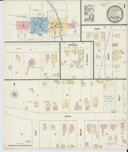 Sanborn Fire Insurance Map from Hudson, Lenawee County, Michigan (1888), Sheet #0001 - Complete Map Set gallery image, historic Sanborn map, vintage wall art, Michigan Michigan