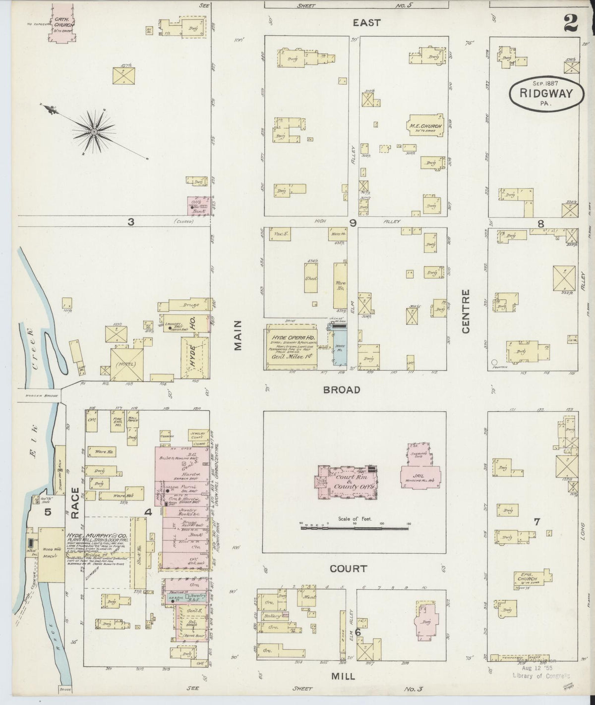 Sanborn Fire Insurance Map from Ridgway, Elk County, Pennsylvania (1887), Sheet #0002 - Historic Sanborn Fire Insurance Map Print, vintage old map wall art, antique decor, genealogy gift, Pennsylvania Pennsylvania map