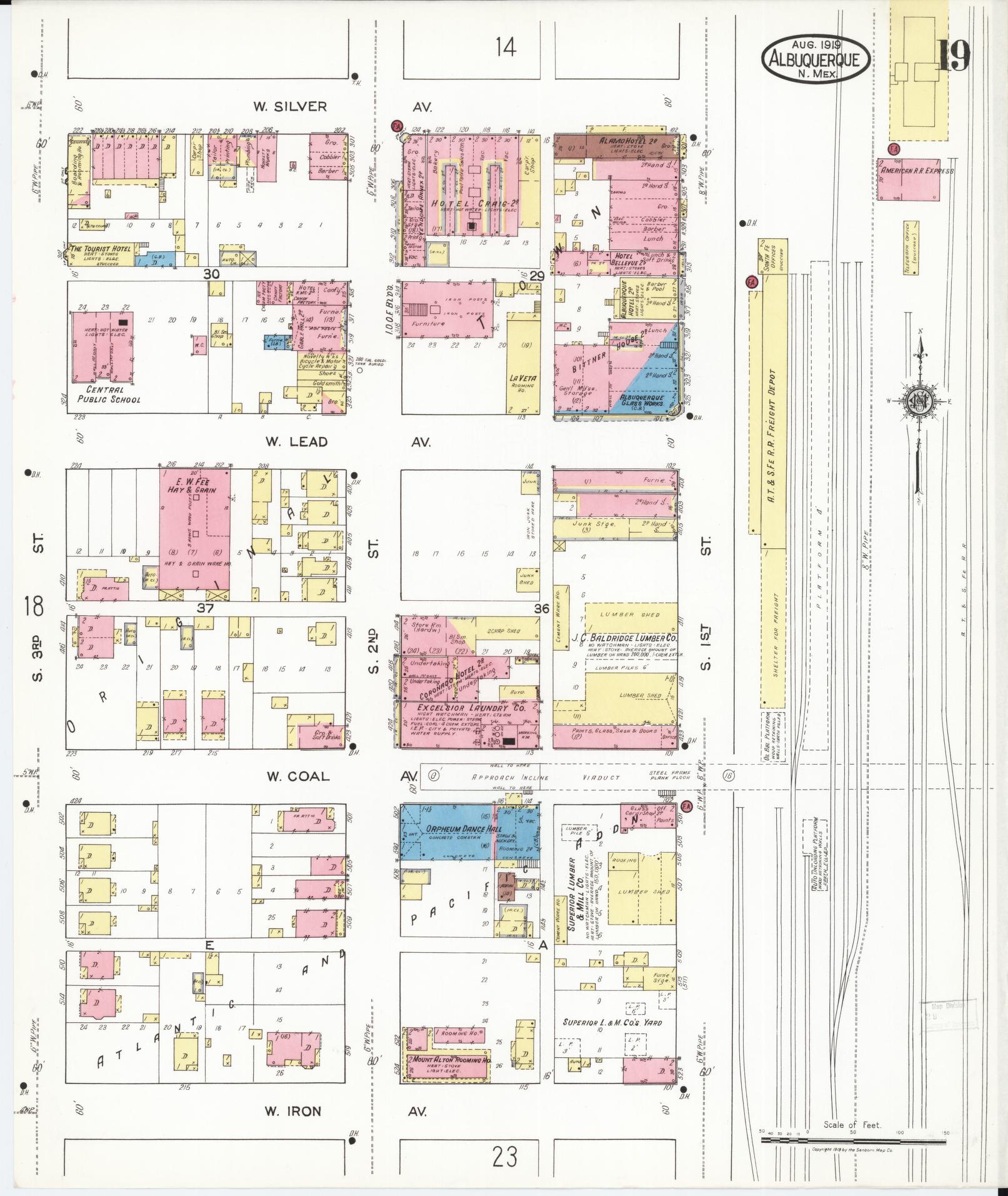 Sanborn Fire Insurance Map from Albuquerque, Bernalillo County, New Mexico (1919), Sheet #0019 - Complete Map Set gallery image, historic Sanborn map, vintage wall art, New Mexico New Mexico