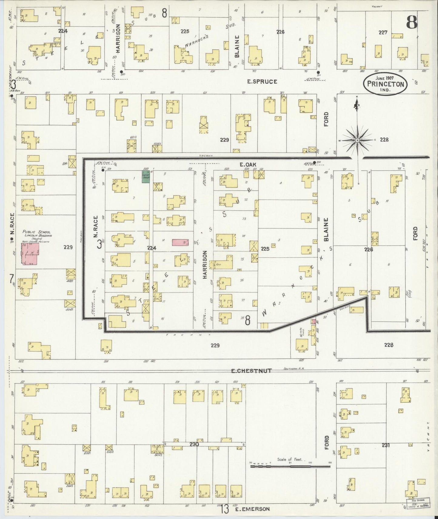 Sanborn Fire Insurance Map from Princeton, Gibson County, Indiana (1907), Sheet #0008 - Historic Sanborn Fire Insurance Map Print, vintage old map wall art, antique decor, genealogy gift, Indiana Indiana map