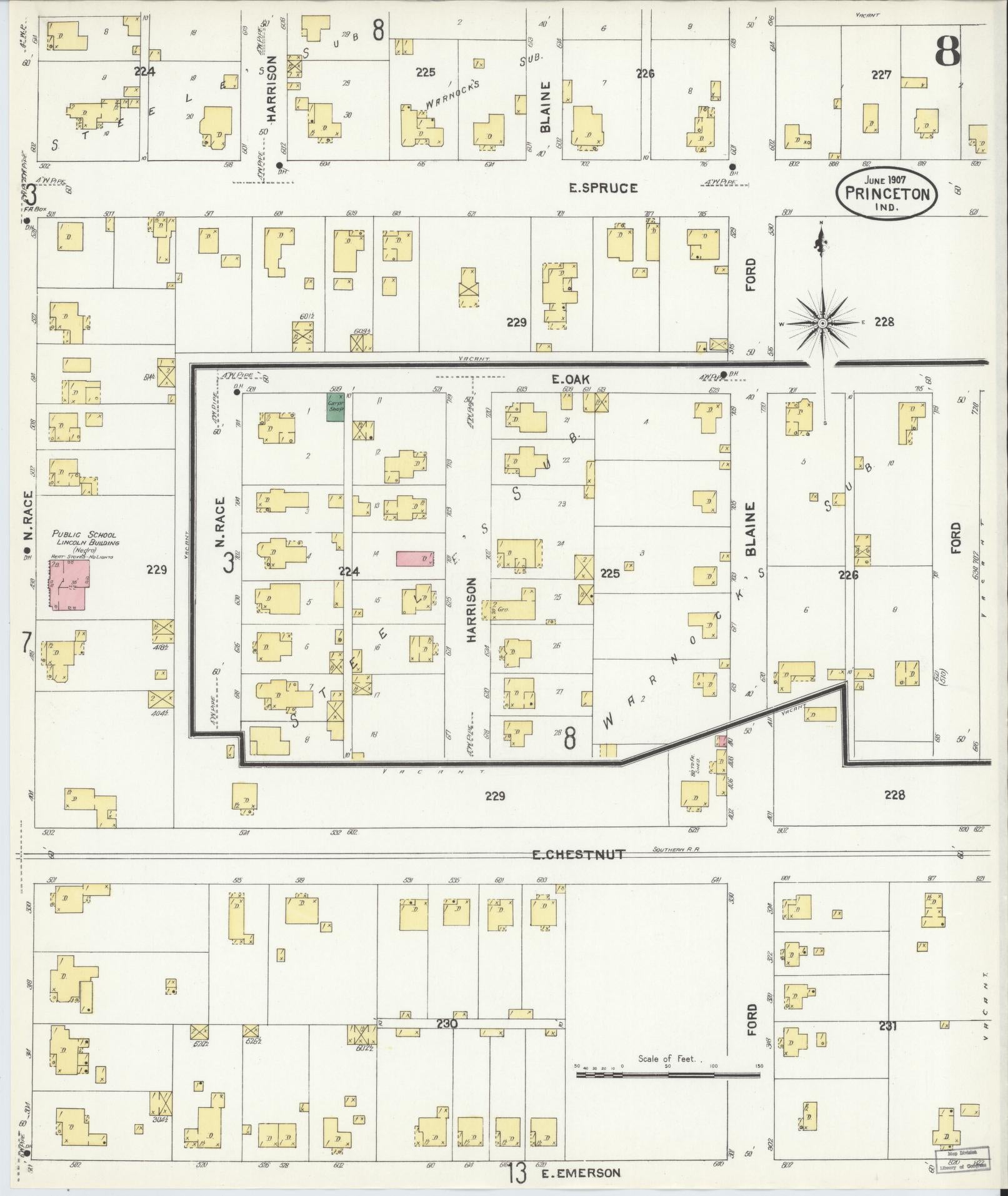Sanborn Fire Insurance Map from Princeton, Gibson County, Indiana (1907), Sheet #0008 - Historic Sanborn Fire Insurance Map Print, vintage old map wall art, antique decor, genealogy gift, Indiana Indiana map
