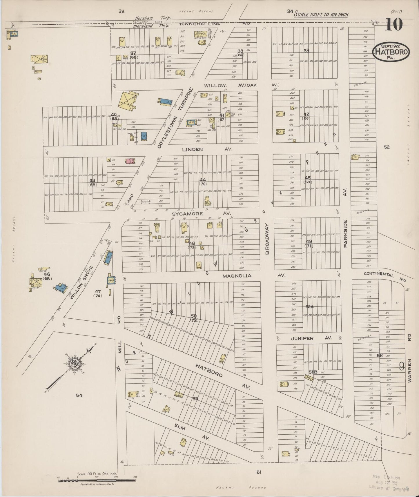 Sanborn Fire Insurance Map from Hatboro, Montgomery County, Pennsylvania (1922), Sheet #0010 - Historic Sanborn Fire Insurance Map Print, vintage old map wall art, antique decor, genealogy gift, Pennsylvania Pennsylvania map