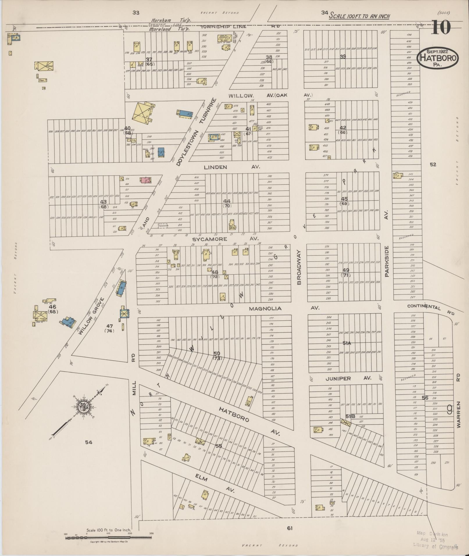 Sanborn Fire Insurance Map from Hatboro, Montgomery County, Pennsylvania (1922), Sheet #0010 - Historic Sanborn Fire Insurance Map Print, vintage old map wall art, antique decor, genealogy gift, Pennsylvania Pennsylvania map