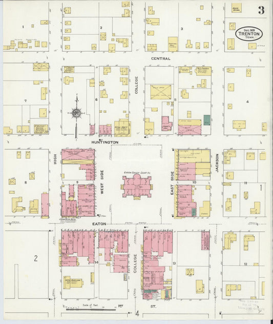 Sanborn Fire Insurance Map from Trenton, Gibson County, Tennessee (1909), Sheet #0003 - Historic Sanborn Fire Insurance Map Print, vintage old map wall art, antique decor, genealogy gift, Tennessee Tennessee map