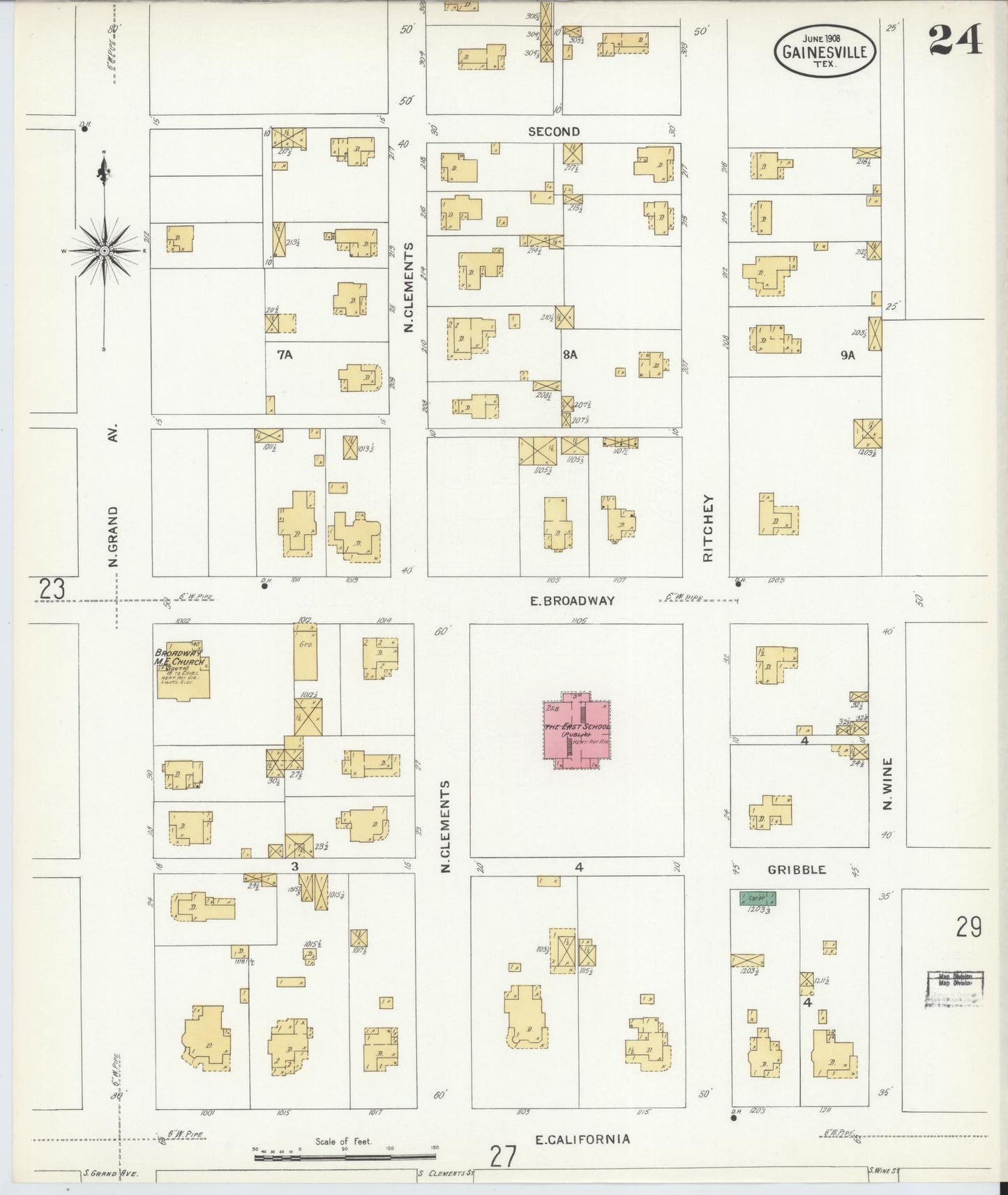 Sanborn Fire Insurance Map from Gainesville, Cooke County, Texas (1908), Sheet #0024 - Historic Sanborn Fire Insurance Map Print, vintage old map wall art, antique decor, genealogy gift, Texas Texas map