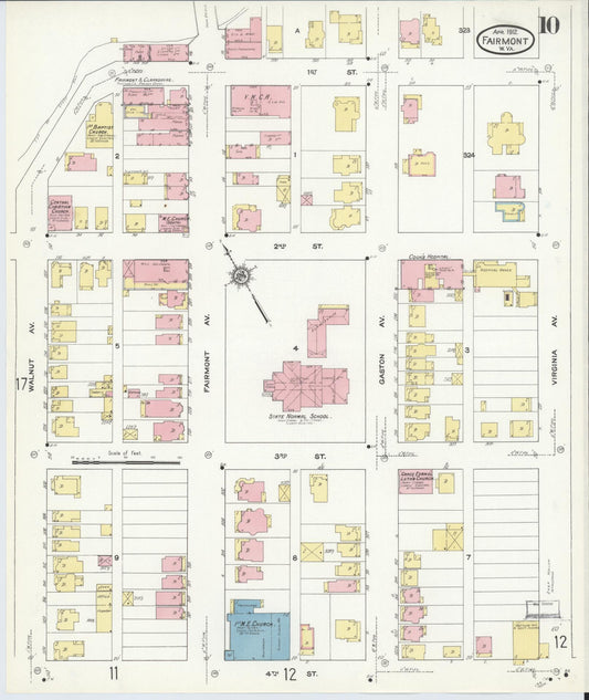 Sanborn Fire Insurance Map from Fairmont, Marion County, West Virginia (1912), Sheet #0010 - Historic Sanborn Fire Insurance Map Print, vintage old map wall art, antique decor, genealogy gift, West Virginia West Virginia map