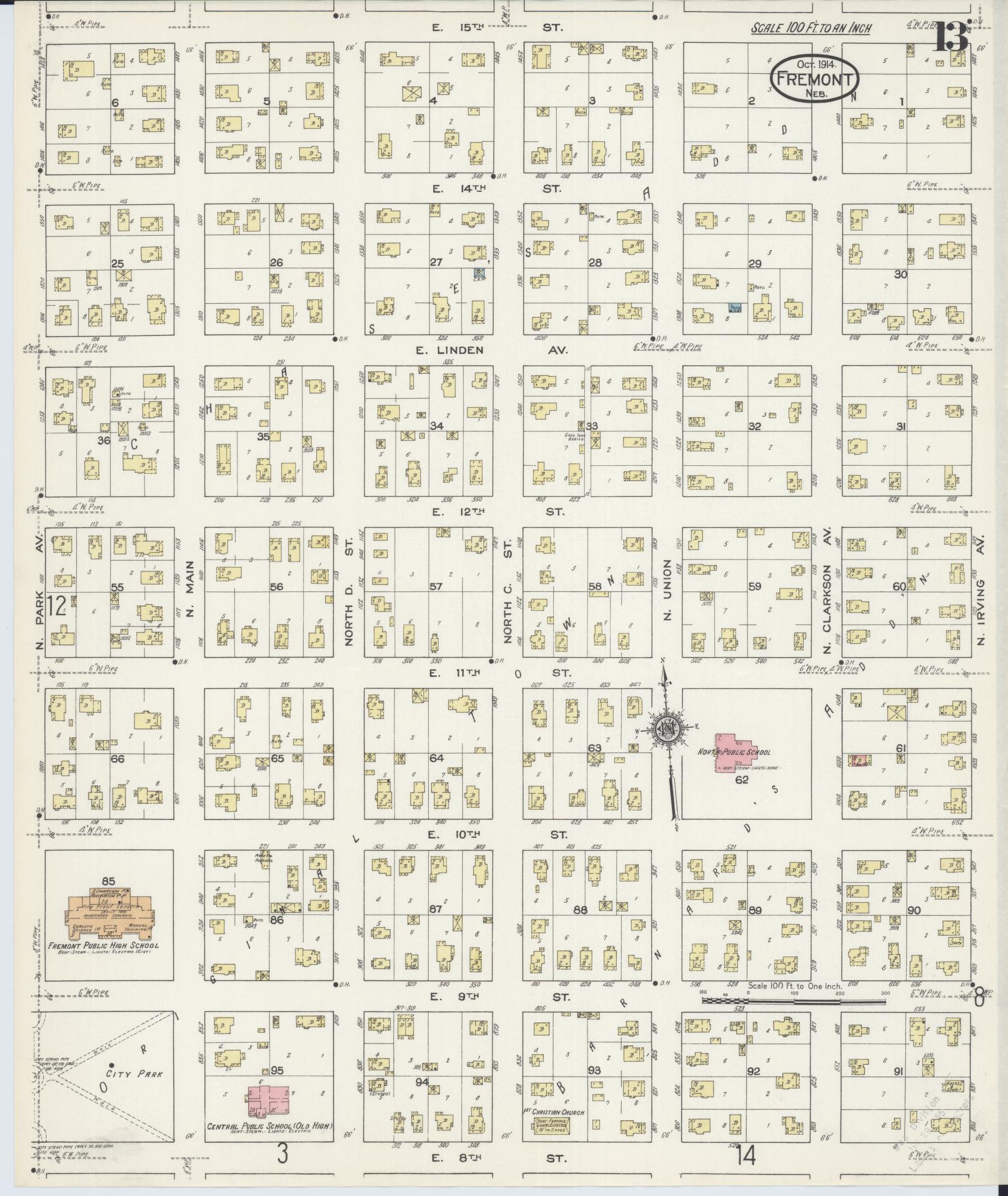 Sanborn Fire Insurance Map from Fremont, Dodge County, Nebraska (1914), Sheet #0013 - Historic Sanborn Fire Insurance Map Print, vintage old map wall art, antique decor, genealogy gift, Nebraska Nebraska map