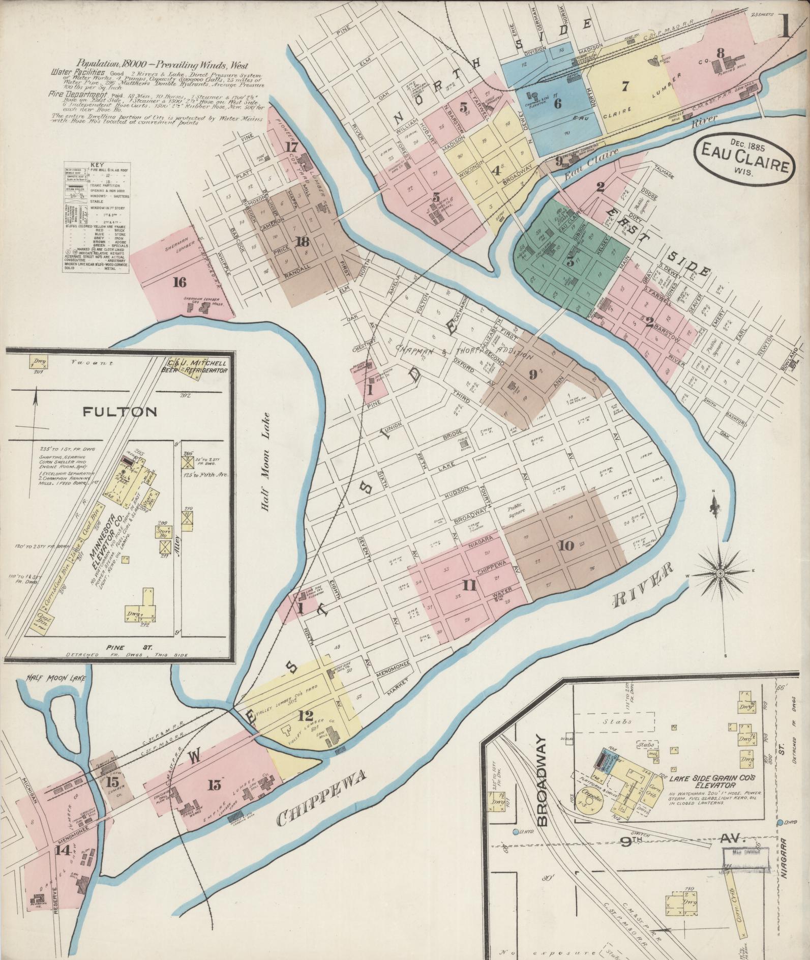 Sanborn Fire Insurance Map from Eau Claire, Eau Claire County, Wisconsin (1885), Sheet #0001 - Historic Sanborn Fire Insurance Map Print, vintage old map wall art, antique decor, genealogy gift, Wisconsin Wisconsin map