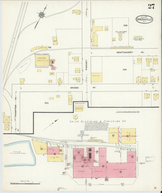 Sanborn Fire Insurance Map from Greenville, Greenville County, South Carolina (1913), Sheet #0027 - Historic Sanborn Fire Insurance Map Print, vintage old map wall art, antique decor, genealogy gift, South Carolina South Carolina map