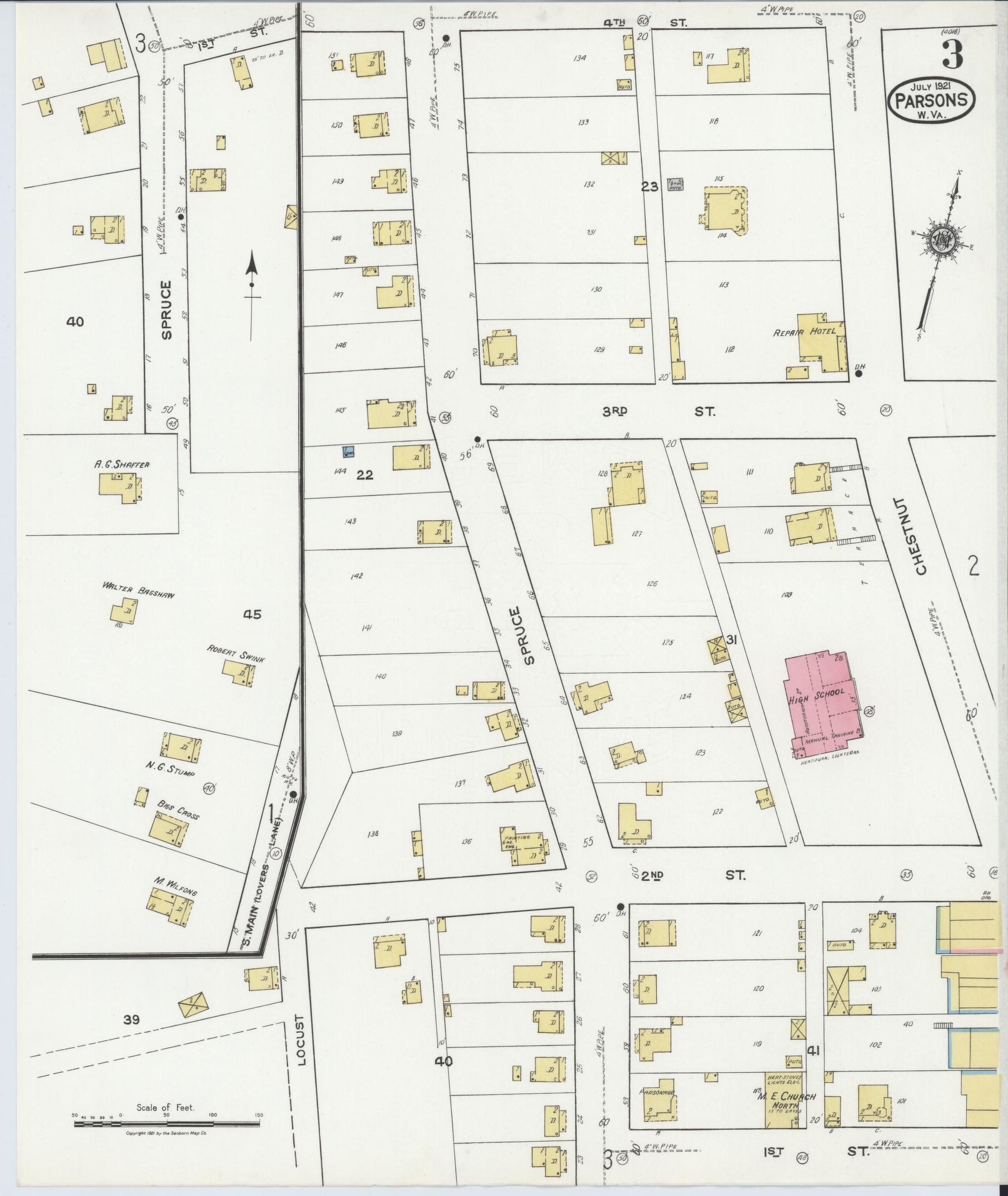 Sanborn Fire Insurance Map from Parsons, Tucker County, West Virginia (1921), Sheet #0003 - Complete Map Set gallery image, historic Sanborn map, vintage wall art, West Virginia West Virginia