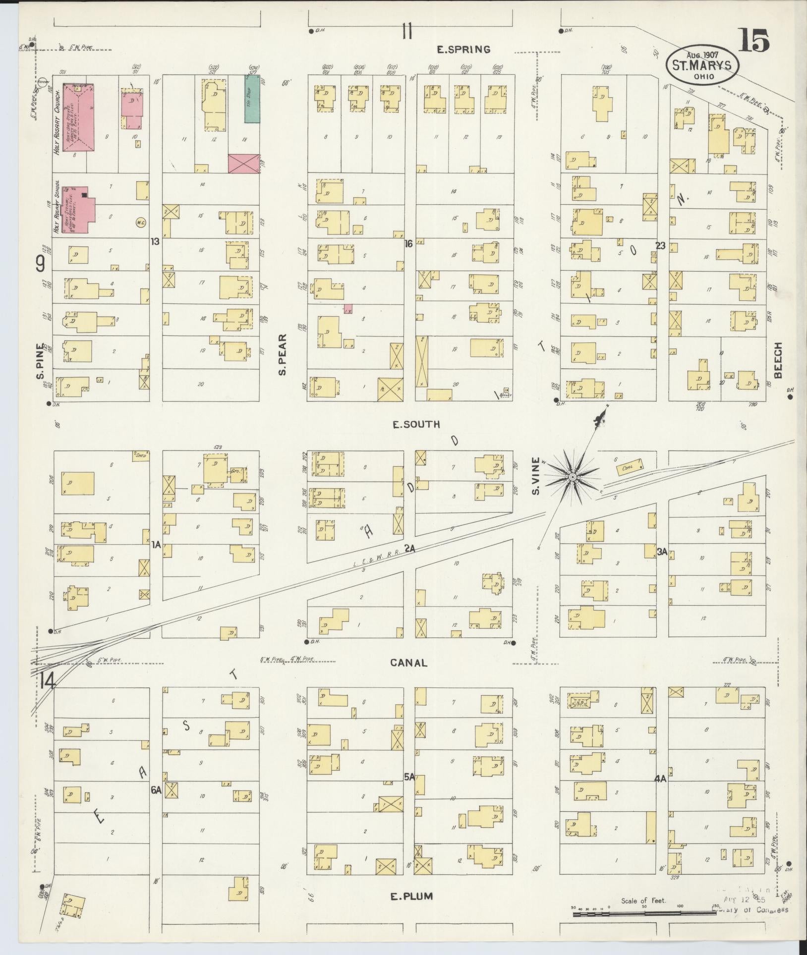 Sanborn Fire Insurance Map from Saint Marys, Auglaize County, Ohio (1907), Sheet #0015 - Historic Sanborn Fire Insurance Map Print, vintage old map wall art, antique decor, genealogy gift, Ohio Ohio map