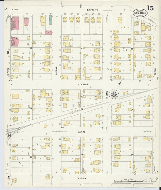 Sanborn Fire Insurance Map from Saint Marys, Auglaize County, Ohio (1907), Sheet #0015 - Historic Sanborn Fire Insurance Map Print, vintage old map wall art, antique decor, genealogy gift, Ohio Ohio map