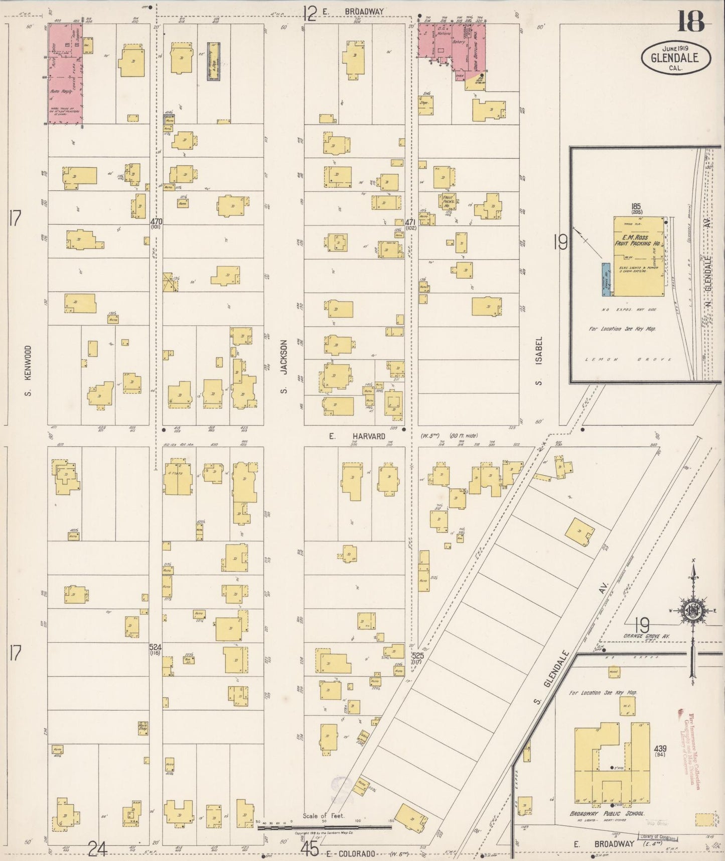 Sanborn Fire Insurance Map from Glendale, Los Angeles County, California (1919), Sheet #0018 - Historic Sanborn Fire Insurance Map Print, vintage old map wall art, antique decor, genealogy gift, California California map