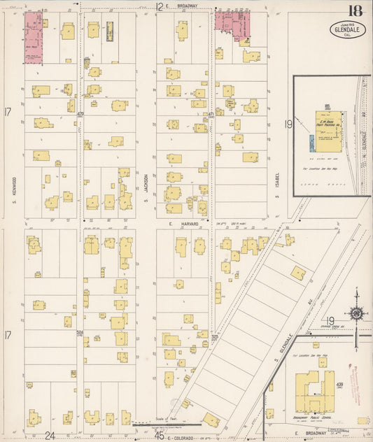 Sanborn Fire Insurance Map from Glendale, Los Angeles County, California (1919), Sheet #0018 - Historic Sanborn Fire Insurance Map Print, vintage old map wall art, antique decor, genealogy gift, California California map