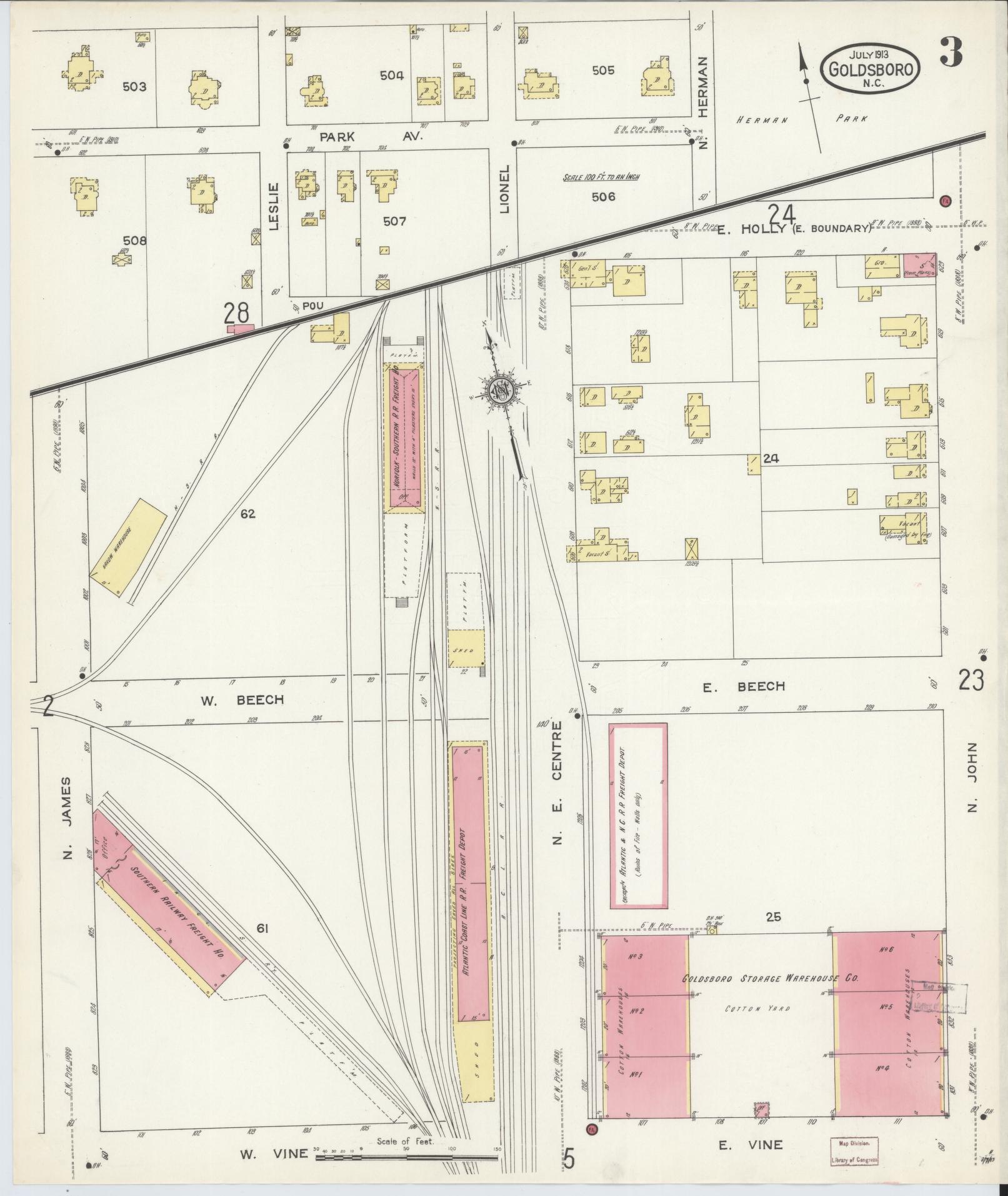 Sanborn Fire Insurance Map from Goldsboro, Wayne County, North Carolina (1913), Sheet #0003 - Historic Sanborn Fire Insurance Map Print, vintage old map wall art, antique decor, genealogy gift, North Carolina North Carolina map