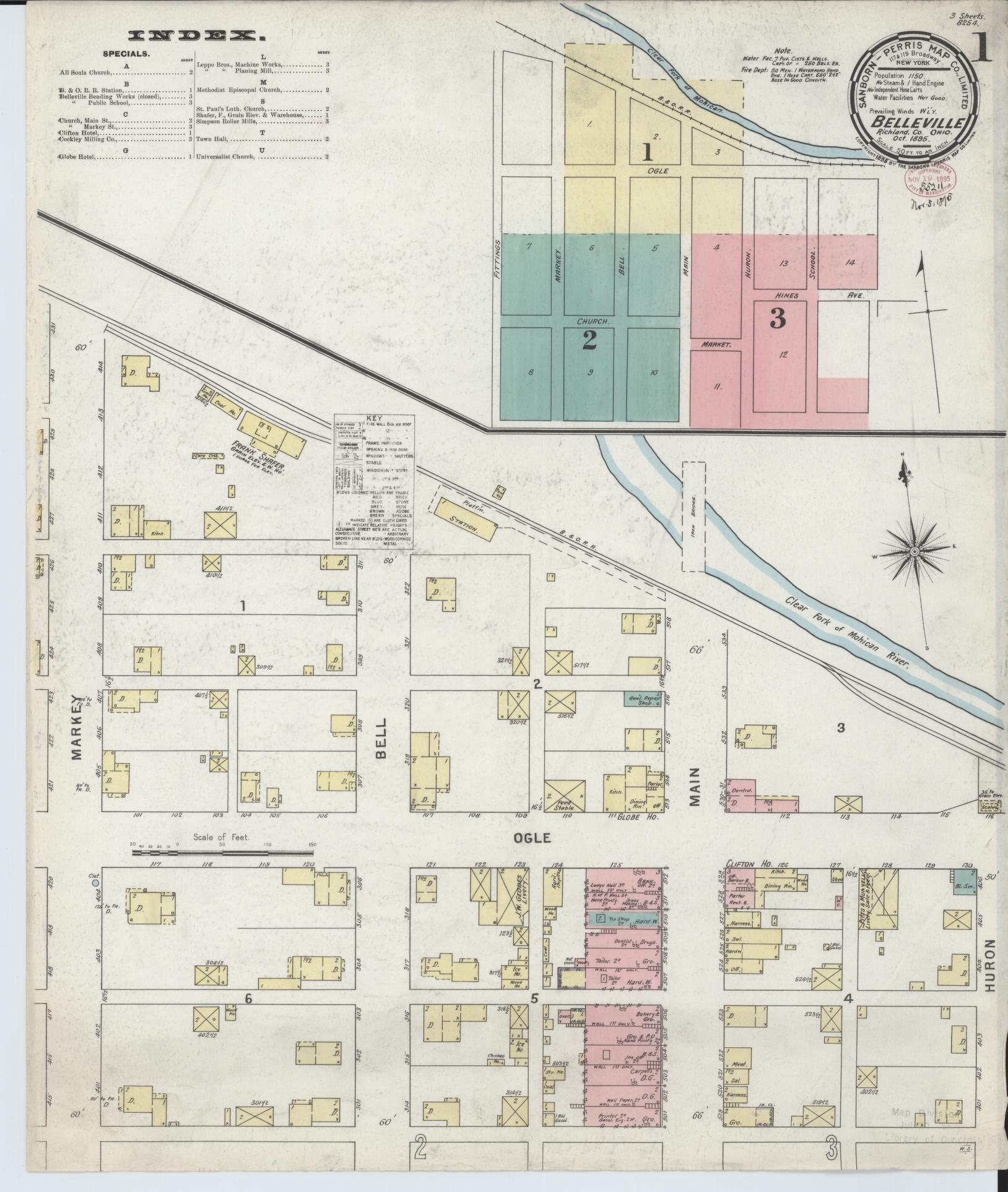Sanborn Fire Insurance Map from Bellville, Richland County, Ohio (1895), Sheet #0001 - Historic Sanborn Fire Insurance Map Print, vintage old map wall art, antique decor, genealogy gift, Ohio Ohio map