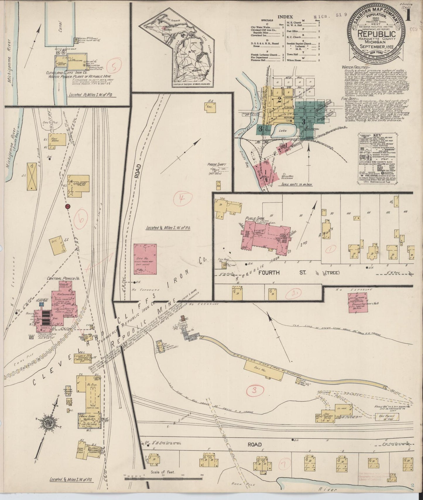 Sanborn Fire Insurance Map from Republic, Marquette County, Michigan (1922), Sheet #0001 - Complete Map Set gallery image, historic Sanborn map, vintage wall art, Michigan Michigan
