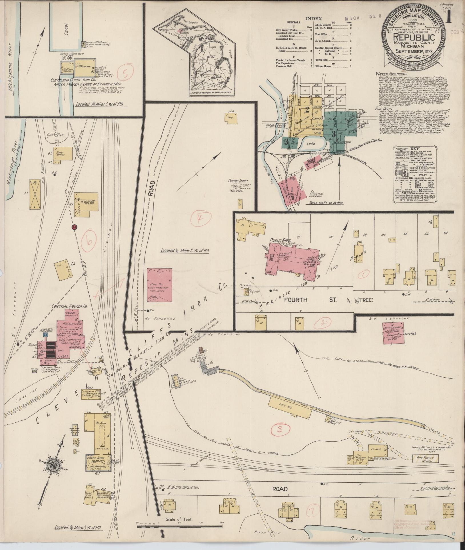 Sanborn Fire Insurance Map from Republic, Marquette County, Michigan (1922), Sheet #0001 - Complete Map Set gallery image, historic Sanborn map, vintage wall art, Michigan Michigan