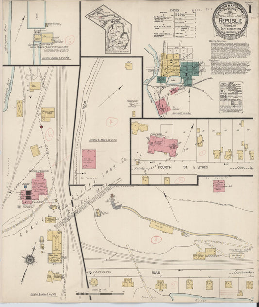 Sanborn Fire Insurance Map from Republic, Marquette County, Michigan (1922), Sheet #0001 - Complete Map Set gallery image, historic Sanborn map, vintage wall art, Michigan Michigan