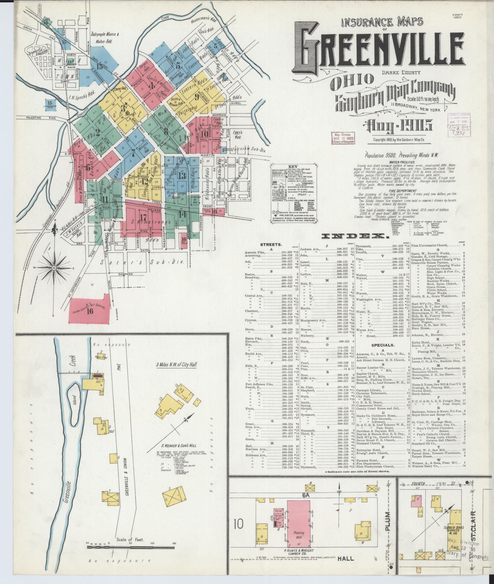 Sanborn Fire Insurance Map from Greenville, Darke County, Ohio (1905), Sheet #0001 - Historic Sanborn Fire Insurance Map Print, vintage old map wall art, antique decor, genealogy gift, Ohio Ohio map