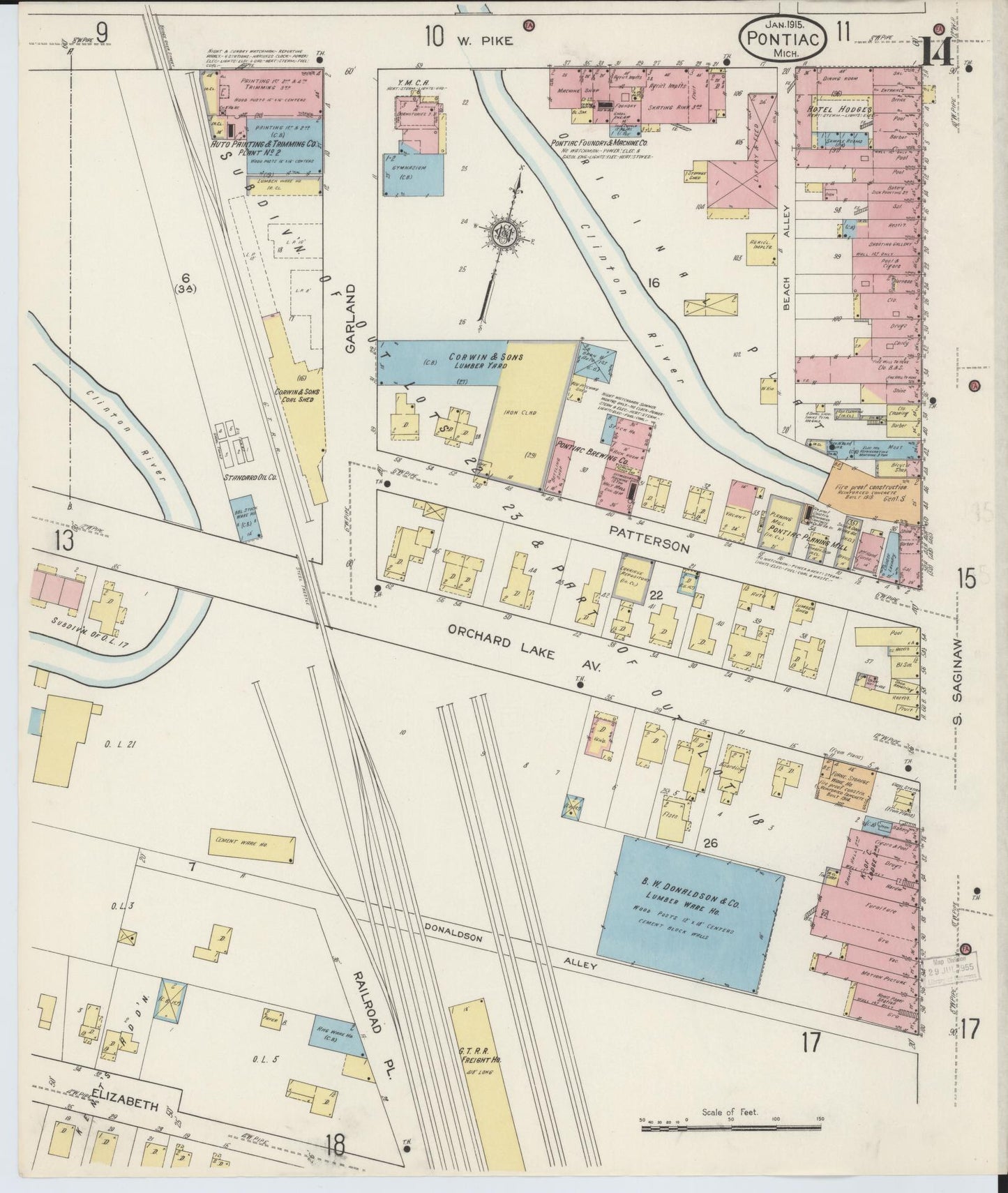 Sanborn Fire Insurance Map from Pontiac, Oakland County, Michigan (1915), Sheet #0014 - Complete Map Set gallery image, historic Sanborn map, vintage wall art, Michigan Michigan