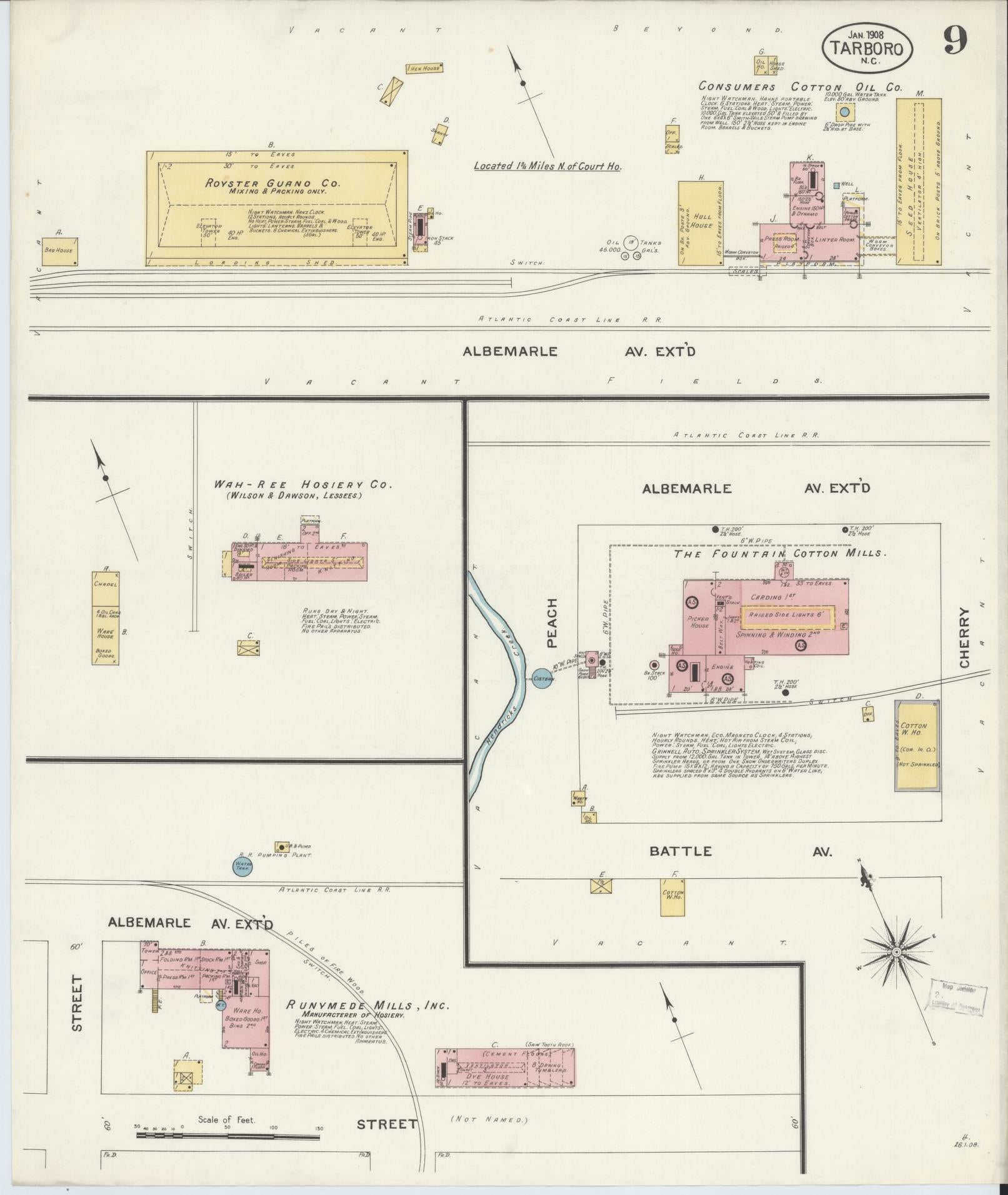 Sanborn Fire Insurance Map from Tarboro, Edgecombe County, North Carolina (1908), Sheet #0009 - Historic Sanborn Fire Insurance Map Print, vintage old map wall art, antique decor, genealogy gift, North Carolina North Carolina map
