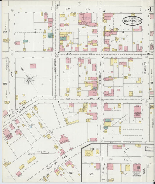 Sanborn Fire Insurance Map from Washington, Franklin County, Missouri (1893), Sheet #0004 - Historic Sanborn Fire Insurance Map Print, vintage old map wall art, antique decor, genealogy gift, Missouri Missouri map
