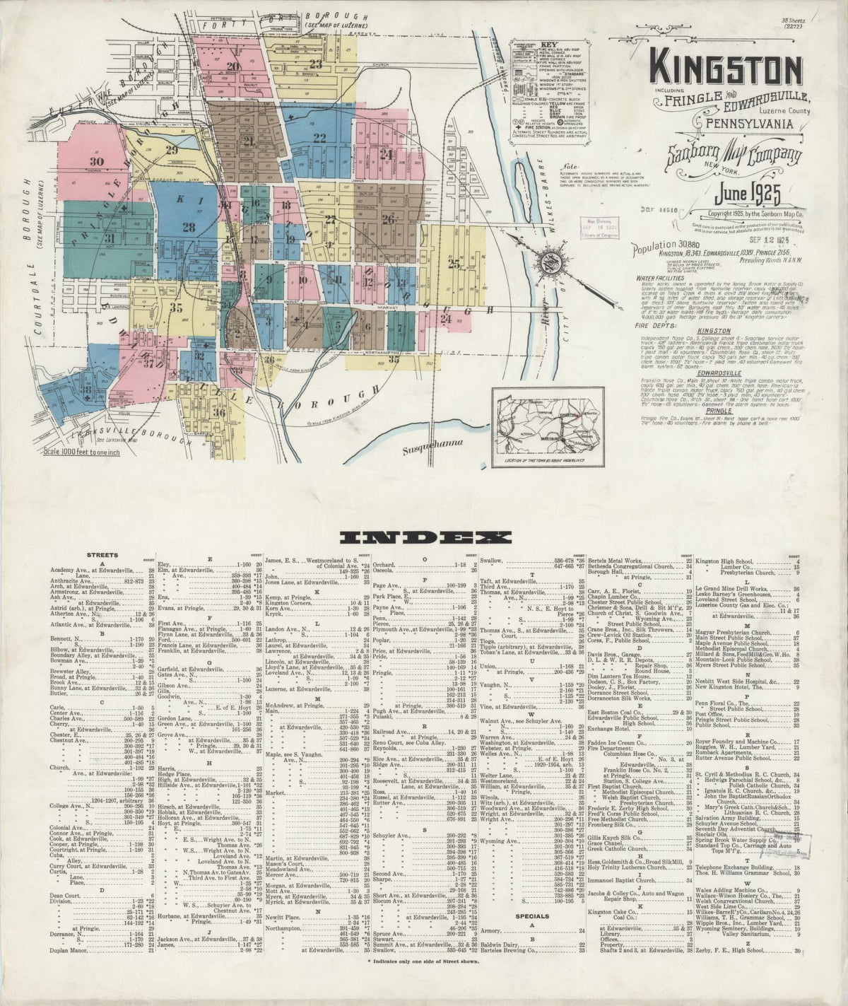 Sanborn Fire Insurance Map from Kingston, Luzerne County, Pennsylvania (1925), Sheet #0001 - Historic Sanborn Fire Insurance Map Print, vintage old map wall art, antique decor, genealogy gift, Pennsylvania Pennsylvania map