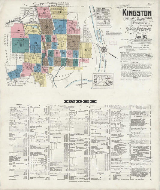Sanborn Fire Insurance Map from Kingston, Luzerne County, Pennsylvania (1925), Sheet #0001 - Historic Sanborn Fire Insurance Map Print, vintage old map wall art, antique decor, genealogy gift, Pennsylvania Pennsylvania map