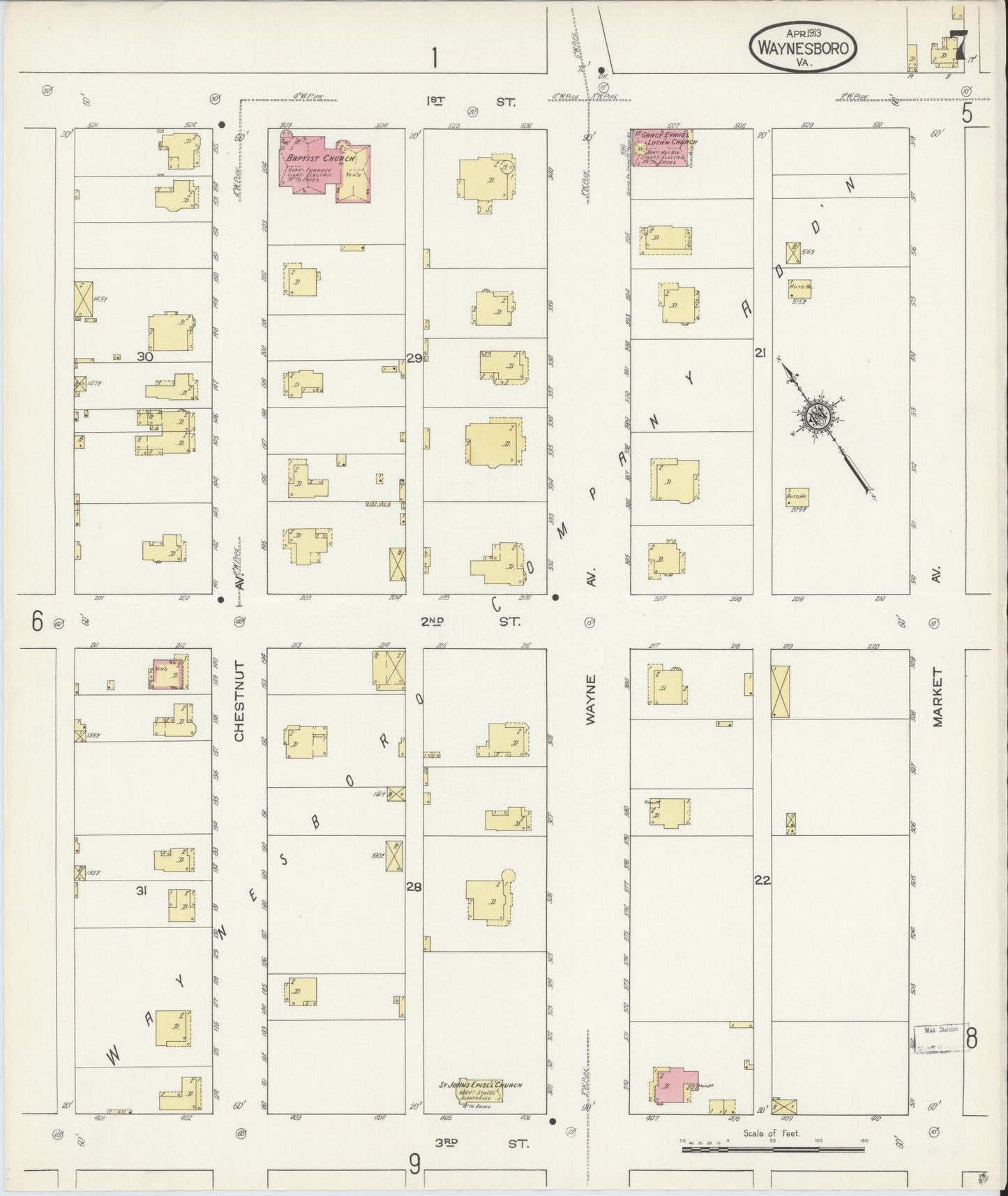 Sanborn Fire Insurance Map from Waynesboro, Independent Cities, Virginia (1913), Sheet #0007 - Historic Sanborn Fire Insurance Map Print, vintage old map wall art, antique decor, genealogy gift, Virginia Virginia map