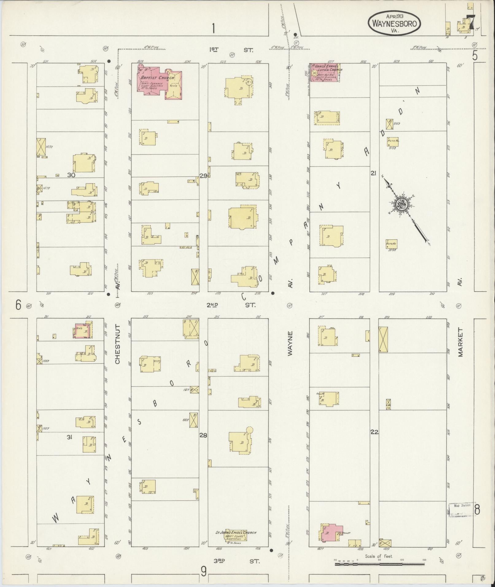Sanborn Fire Insurance Map from Waynesboro, Independent Cities, Virginia (1913), Sheet #0007 - Historic Sanborn Fire Insurance Map Print, vintage old map wall art, antique decor, genealogy gift, Virginia Virginia map
