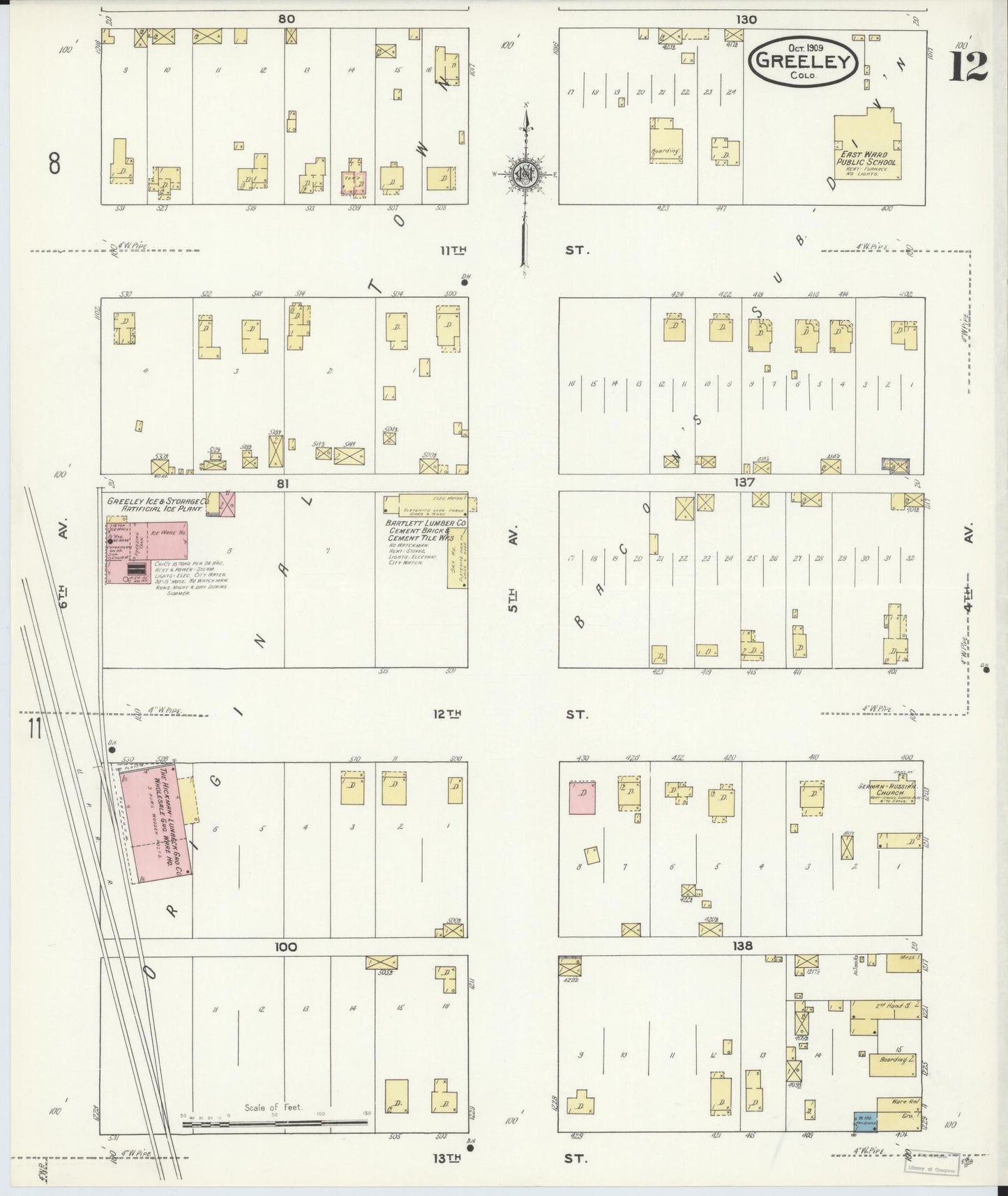 Sanborn Fire Insurance Map from Greeley, Weld County, Colorado (1909), Sheet #0012 - Historic Sanborn Fire Insurance Map Print, vintage old map wall art, antique decor, genealogy gift, Colorado Colorado map