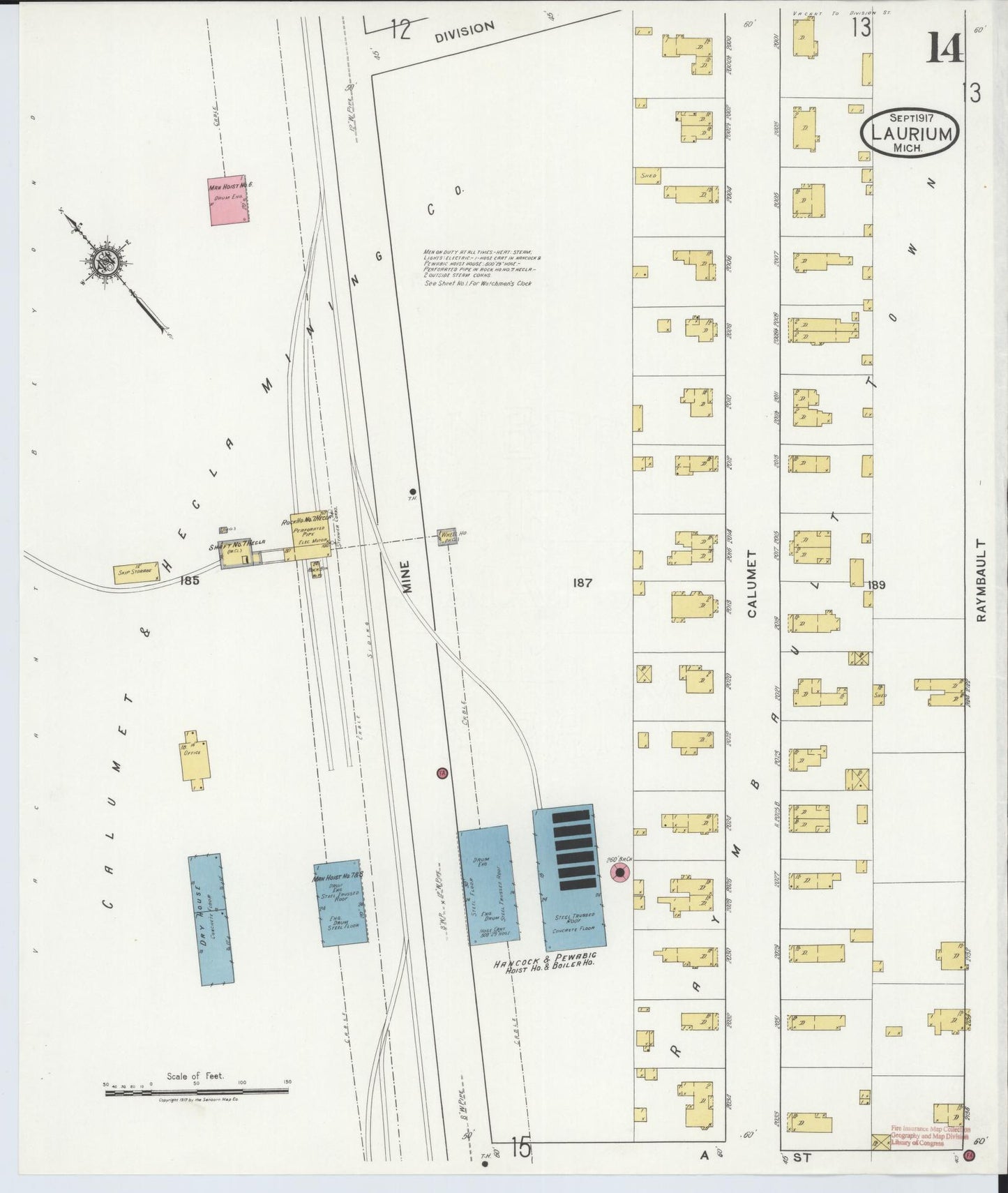 Sanborn Fire Insurance Map from Laurium, Houghton County, Michigan (1917), Sheet #0014 - Complete Map Set gallery image, historic Sanborn map, vintage wall art, Michigan Michigan