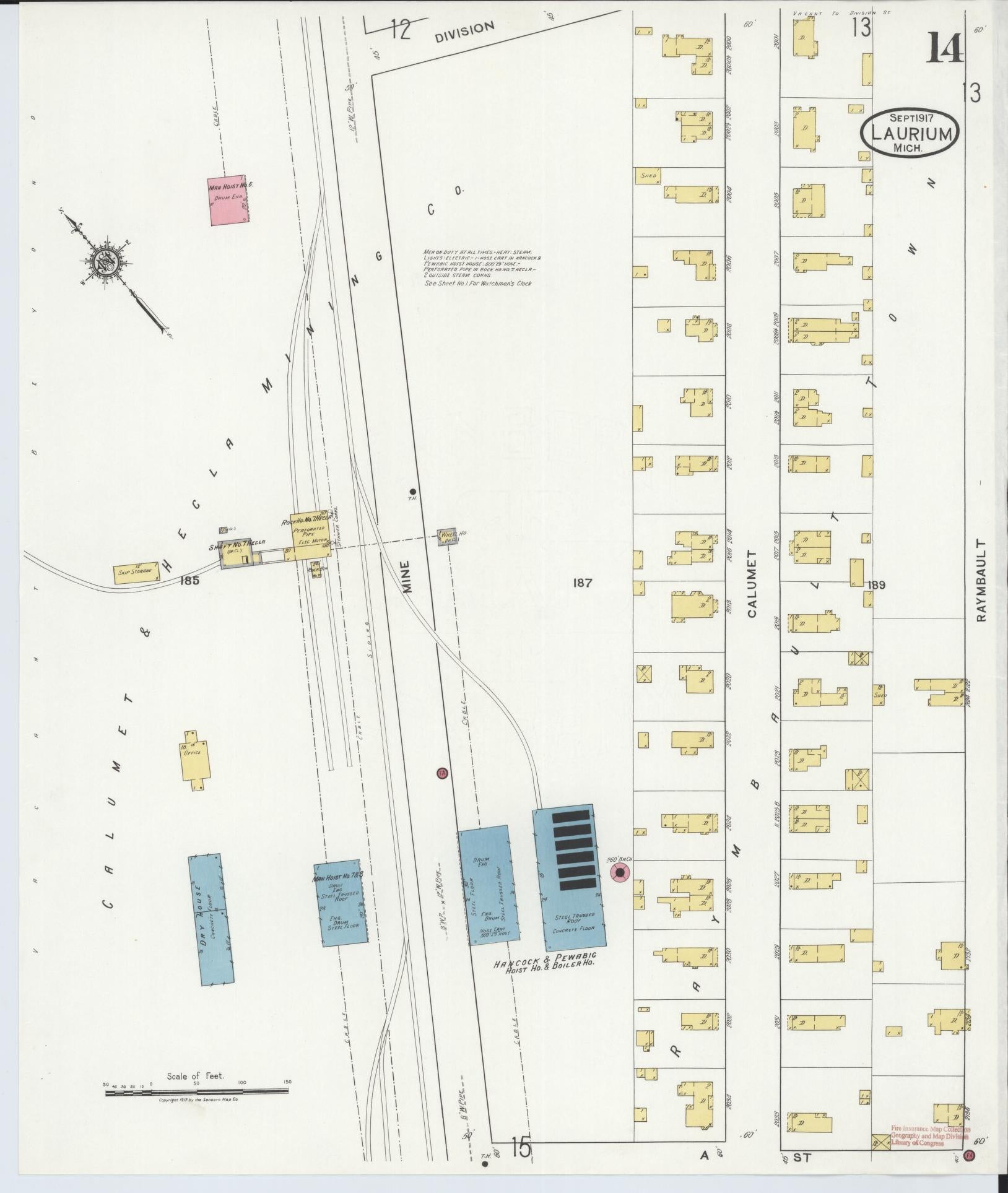 Sanborn Fire Insurance Map from Laurium, Houghton County, Michigan (1917), Sheet #0014 - Complete Map Set gallery image, historic Sanborn map, vintage wall art, Michigan Michigan