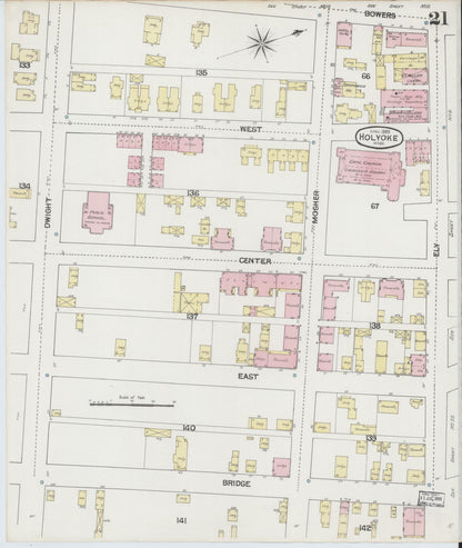 Sanborn Fire Insurance Map from Holyoke, Hampden County, Massachusetts (1889), Sheet #0021 - Historic Sanborn Fire Insurance Map Print, vintage old map wall art, antique decor, genealogy gift, Massachusetts Massachusetts map