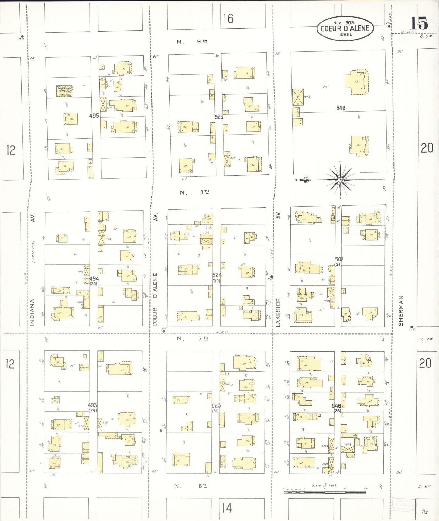 Sanborn Fire Insurance Map from Coeur D'alene, Kootenai County, Idaho (1908), Sheet #0015 - Complete Map Set gallery image, historic Sanborn map, vintage wall art, Idaho Idaho