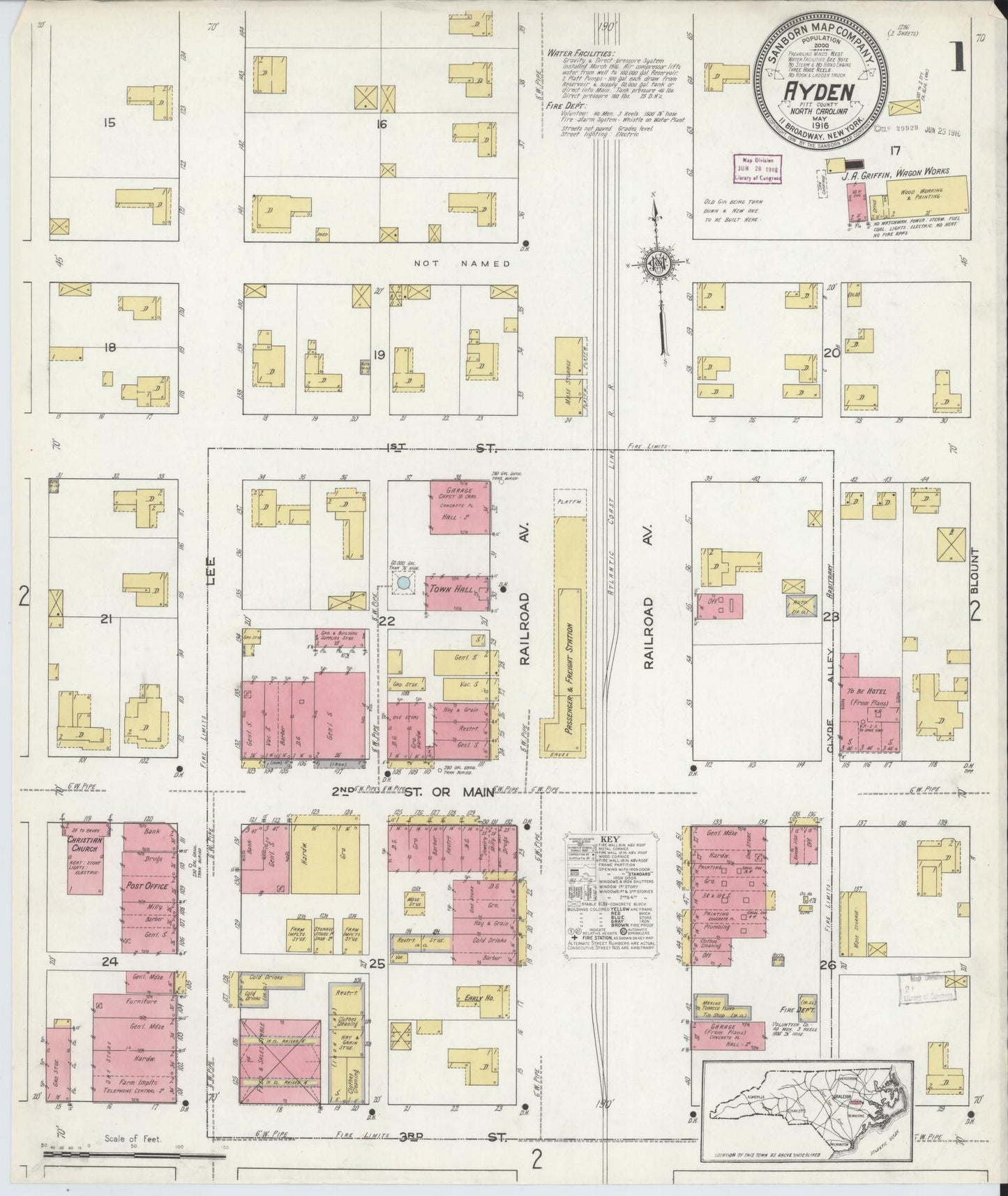 Sanborn Fire Insurance Map from Ayden, Pitt County, North Carolina (1916), Sheet #0001 - Historic Sanborn Fire Insurance Map Print, vintage old map wall art, antique decor, genealogy gift, North Carolina North Carolina map
