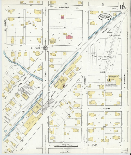 Sanborn Fire Insurance Map from Franklin, Johnson County, Indiana (1916), Sheet #0010 - Historic Sanborn Fire Insurance Map Print, vintage old map wall art, antique decor, genealogy gift, Indiana Indiana map