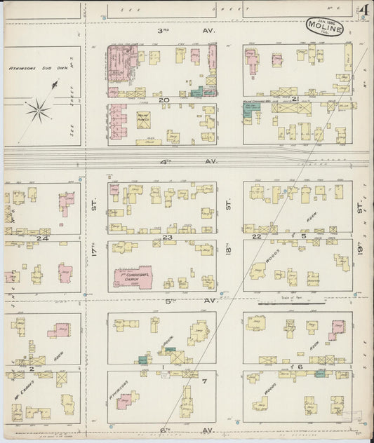 Sanborn Fire Insurance Map from Moline, Rock Island County, Illinois (1886), Sheet #0004 - Historic Sanborn Fire Insurance Map Print, vintage old map wall art, antique decor, genealogy gift, Illinois Illinois map