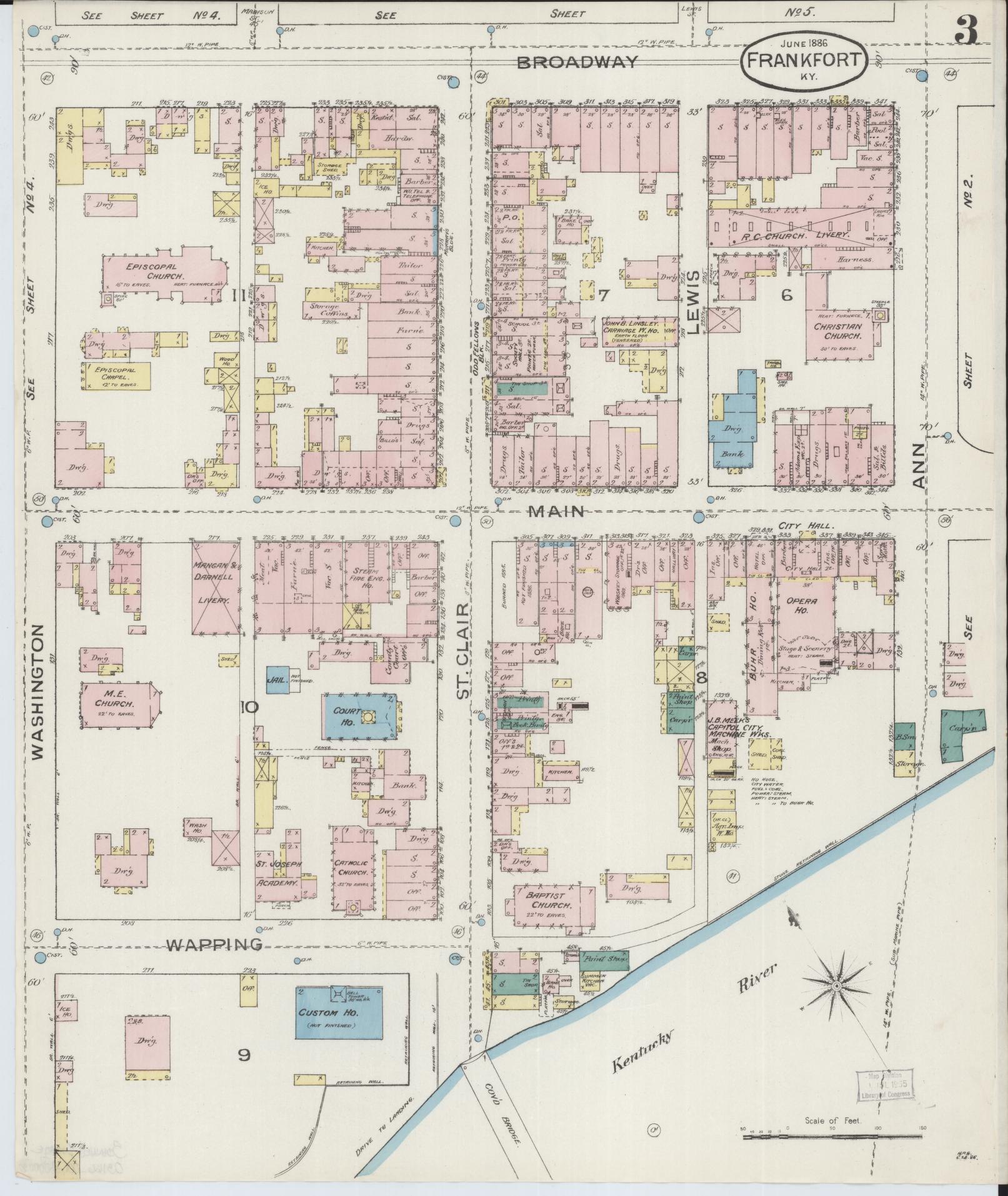 Sanborn Fire Insurance Map from Frankfort, Franklin County, Kentucky (1886), Sheet #0003 - Historic Sanborn Fire Insurance Map Print, vintage old map wall art, antique decor, genealogy gift, Kentucky Kentucky map