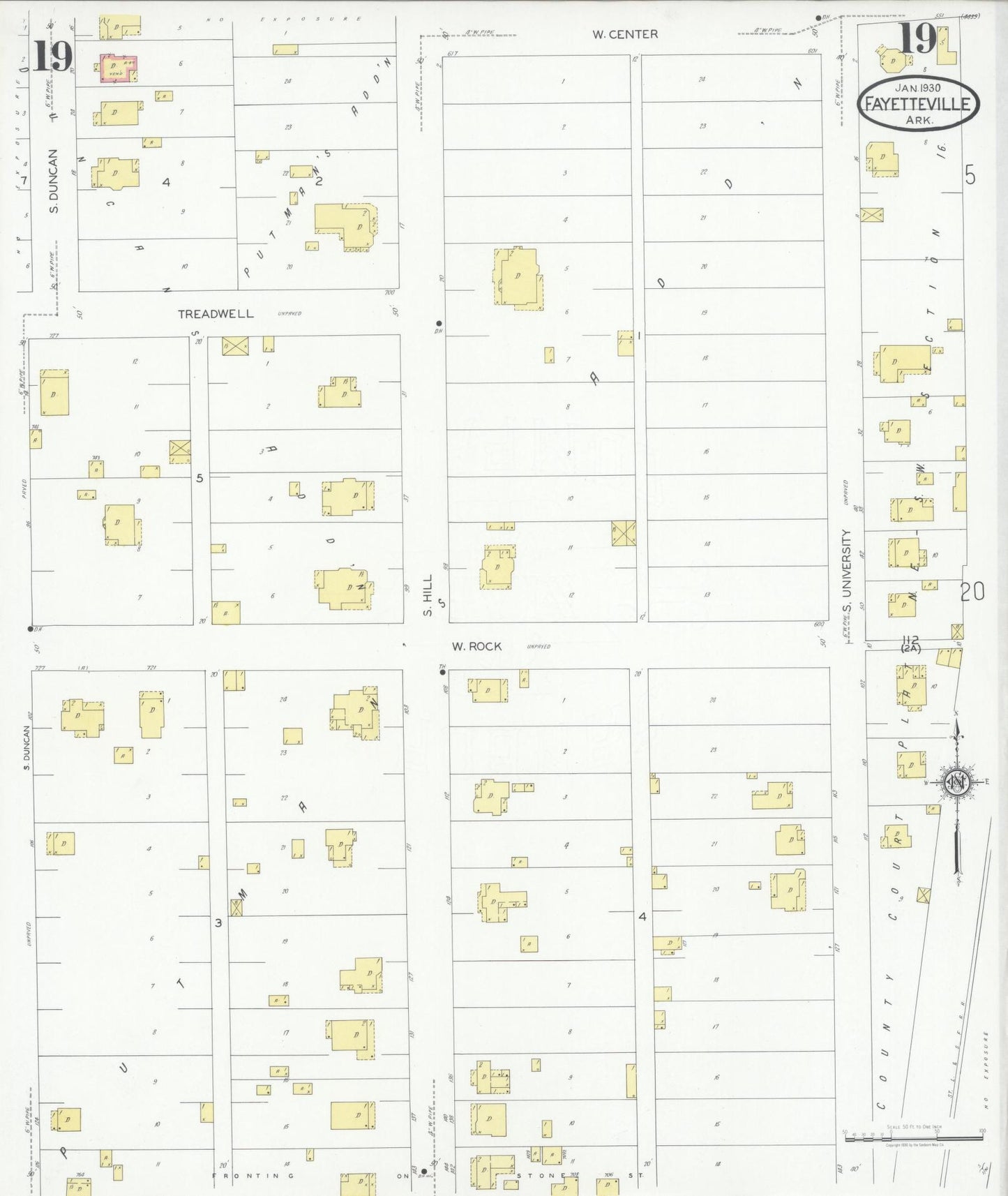 Sanborn Fire Insurance Map from Fayetteville, Washington County, Arkansas (1930), Sheet #0019 - Complete Map Set gallery image, historic Sanborn map, vintage wall art, Arkansas Arkansas