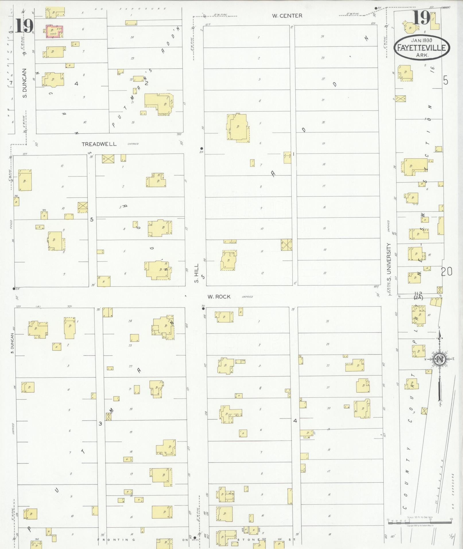 Sanborn Fire Insurance Map from Fayetteville, Washington County, Arkansas (1930), Sheet #0019 - Complete Map Set gallery image, historic Sanborn map, vintage wall art, Arkansas Arkansas
