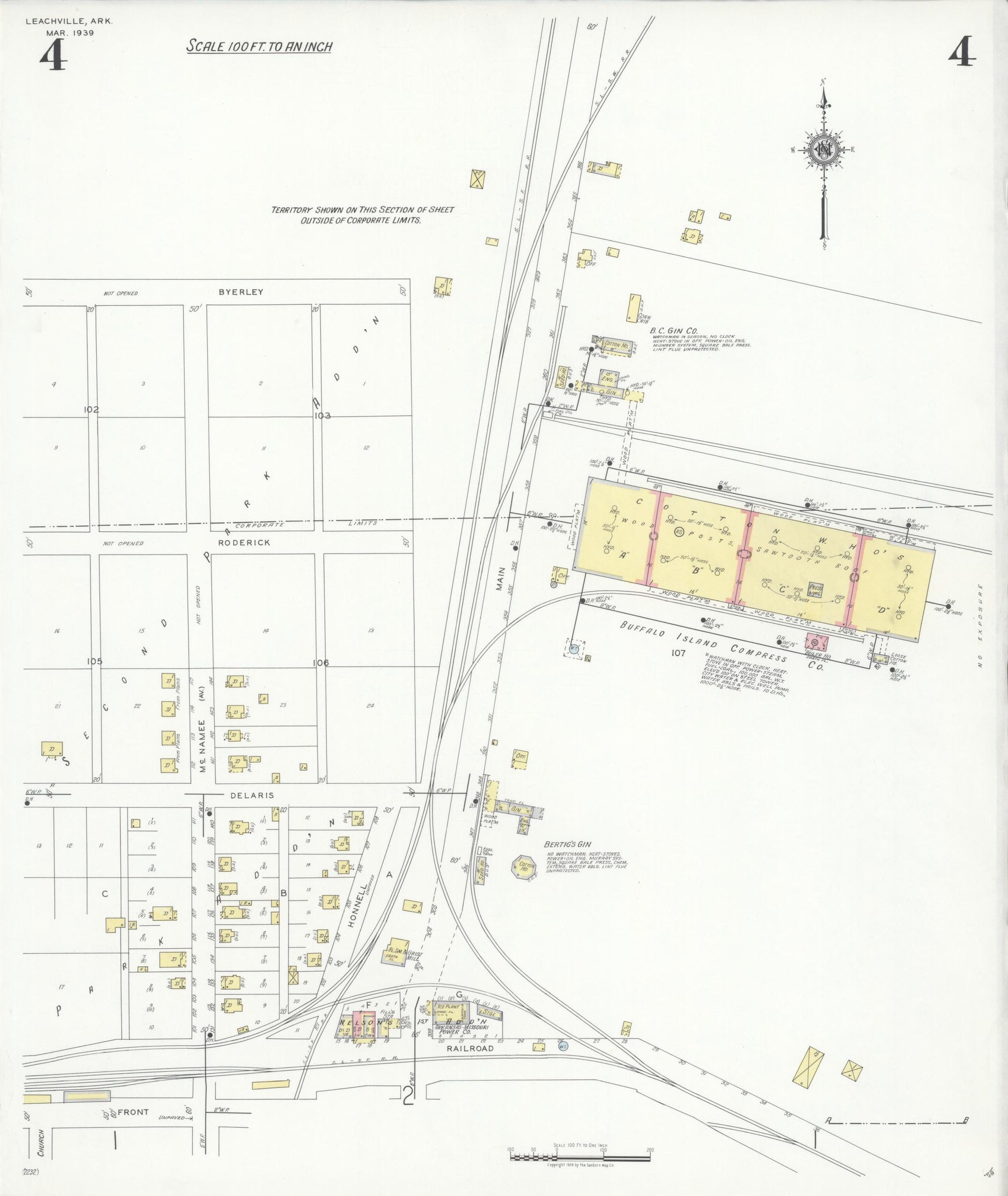 Sanborn Fire Insurance Map from Leachville, Mississippi County, Arkansas (1939), Sheet #0004 - Complete Map Set gallery image, historic Sanborn map, vintage wall art, Arkansas Arkansas