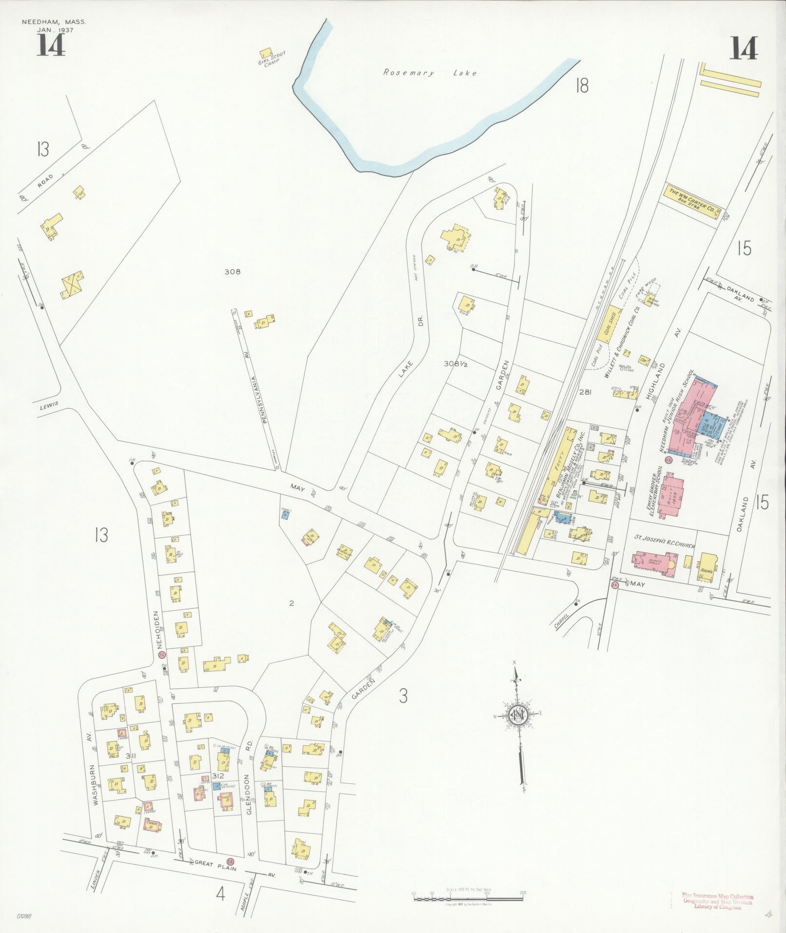 Sanborn Fire Insurance Map from Needham, Norfolk County, Massachusetts (1937), Sheet #0014 - Complete Map Set gallery image, historic Sanborn map, vintage wall art, Massachusetts Massachusetts