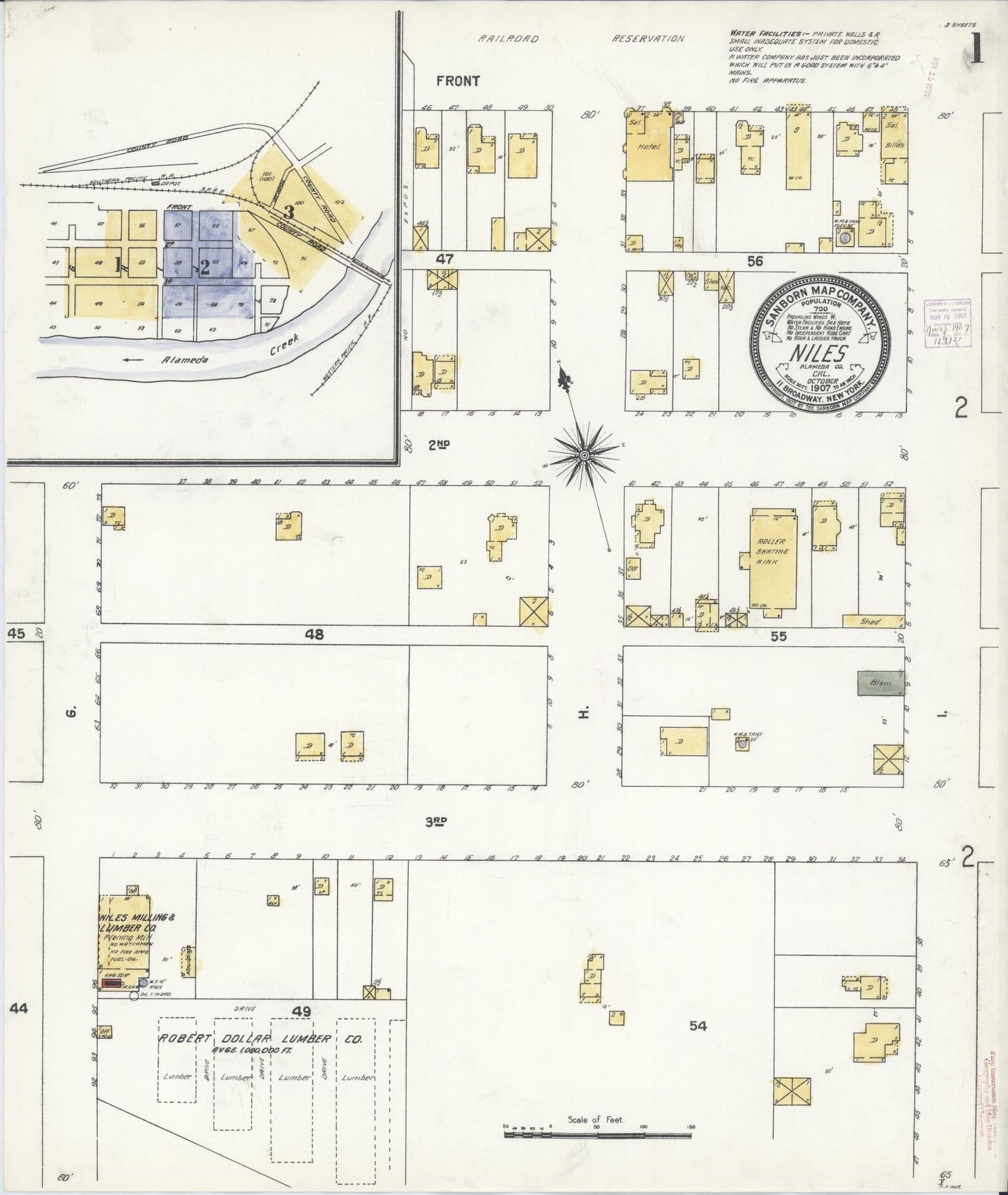 Sanborn Fire Insurance Map from Niles, Alameda County, California (1907), Sheet #0001 - Complete Map Set gallery image, historic Sanborn map, vintage wall art, California California