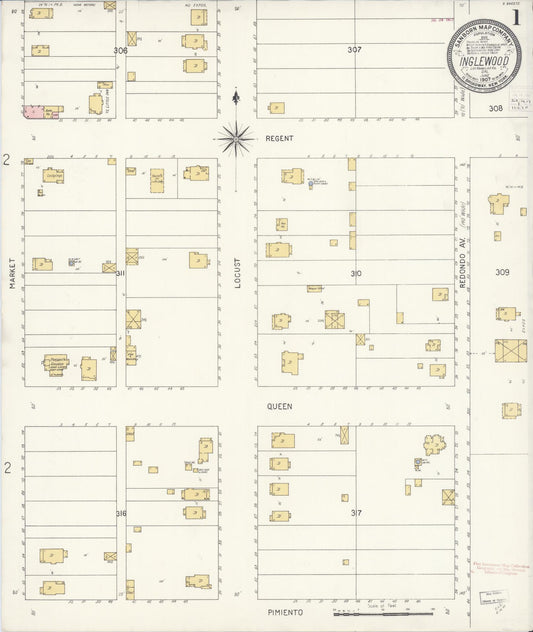 Sanborn Fire Insurance Map from Inglewood, Los Angeles County, California (1907), Sheet #0001 - Complete Map Set gallery image, historic Sanborn map, vintage wall art, California California